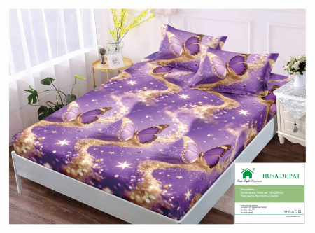 Huse De Pat Finet 140x200cm - Husa Din Finet Cu Elastic Si Fete De Perna 140x200cm - Mov Cu Fluturasi Si Praf Auriu