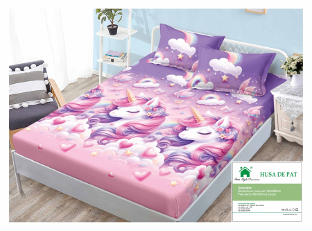 Huse De Pat Finet 140x200cm - Husa Din Finet Cu Elastic Si Fete De Perna 140x200cm - Mov Cu Roz Si Unicorni Multicolori