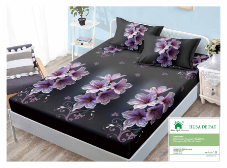 Huse De Pat Finet 140x200cm - Husa Din Finet Cu Elastic Si Fete De Perna 140x200cm - Neagra Cu Crini Mov
