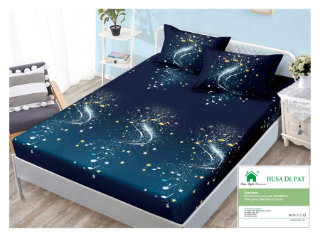 Huse De Pat Finet 140x200cm - Husa Din Finet Cu Elastic Si Fete De Perna 140x200cm - Note Muzicale Si Stelute