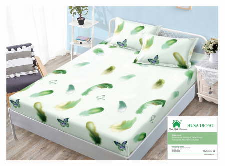 HUSE DE PAT CU ELASTIC - Husa Din Finet Cu Elastic Si Fete De Perna 140x200cm - Pene Si Fluturasi