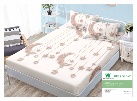 HUSE DE PAT CU ELASTIC - Husa Din Finet Cu Elastic Si Fete De Perna 140x200cm - Semiluna Gold