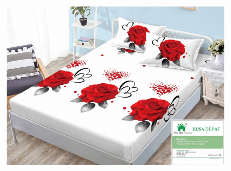 HUSE DE PAT CU ELASTIC - Husa Din Finet Cu Elastic Si Fete De Perna 140x200cm - Trandafiri Rosii Si Inimioare