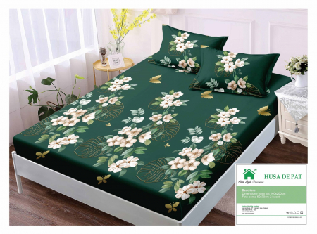 HUSE DE PAT CU ELASTIC - Husa Din Finet Cu Elastic Si Fete De Perna 140x200cm - Tropical Floral
