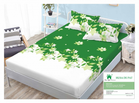 HUSE DE PAT CU ELASTIC - Husa Din Finet Cu Elastic Si Fete De Perna 140x200cm - Verde/Alb Floral