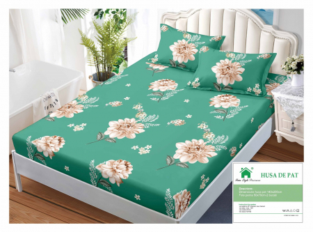 HUSE DE PAT CU ELASTIC - Husa Din Finet Cu Elastic Si Fete De Perna 140x200cm - Verde Bujori