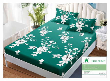 HUSE DE PAT CU ELASTIC - Husa Din Finet Cu Elastic Si Fete De Perna 140x200cm - Verde Cu Flori Albe