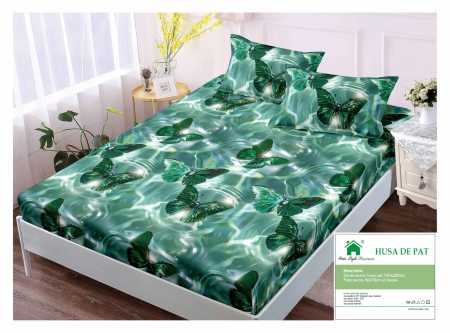 Huse De Pat Finet 140x200cm - Husa Din Finet Cu Elastic Si Fete De Perna 140x200cm - Verde Cu Fluturasi
