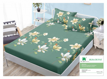 HUSE DE PAT CU ELASTIC - Husa Din Finet Cu Elastic Si Fete De Perna 140x200cm - Verde Floral