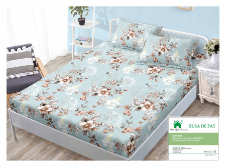 Huse De Pat Finet 140x200cm - Husa Din Finet Cu Elastic Si Fete De Perna 140x200cm - Verde Menta Pal Cu Flori