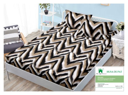 Huse De Pat Finet 140x200cm - Husa Din Finet Cu Elastic Si Fete De Perna 140x200cm - Zig-Zag Negru Cu Maro
