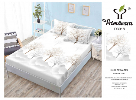 Huse De Pat Finet 160x200cm - Husa Din Finet Cu Elastic Si Fete De Perna 160X200cm - Alb Cu Pomi Si Munti