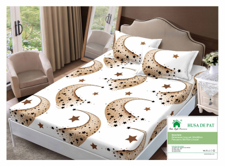 Huse De Pat Finet 160x200cm - Husa Din Finet Cu Elastic Si Fete De Perna 160x200cm - Alb Cu Stelute Aurii Si Negre