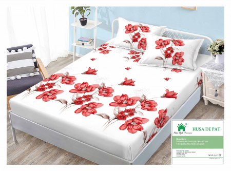 HUSE DE PAT CU ELASTIC - Husa Din Finet Cu Elastic Si Fete De Perna 160x200cm - Alba Cu Flori Rosii