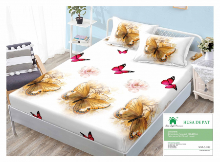 HUSE DE PAT CU ELASTIC - Husa Din Finet Cu Elastic Si Fete De Perna 160x200cm - Alba Cu Fluturi Aurii Si Roz