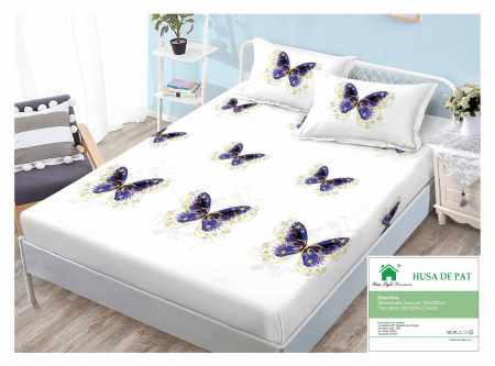 HUSE DE PAT CU ELASTIC - Husa Din Finet Cu Elastic Si Fete De Perna 160x200cm - Alba Cu Fluturi Mov