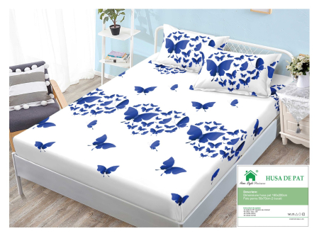 Huse De Pat Finet 160x200cm - Husa Din Finet Cu Elastic Si Fete De Perna 160x200cm - Alba Cu Inimioare Si Fluturasi Albastri