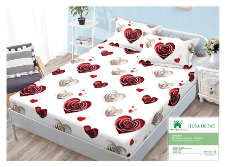 Huse De Pat Finet 160x200cm - Husa Din Finet Cu Elastic Si Fete De Perna 160x200cm - Alba Cu Inimioare Trandafir