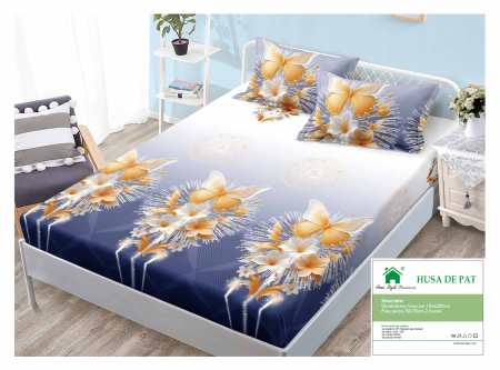 Huse De Pat Finet 160x200cm - Husa Din Finet Cu Elastic Si Fete De Perna 160x200cm - Albastru Cu Flori Si Fluturi Aurii