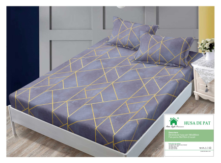 Huse De Pat Finet 160x200cm - Husa Din Finet Cu Elastic Si Fete De Perna 160x200cm - Albastru Cu Forme Geometrice Moderne Aurii