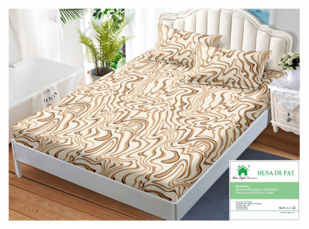 HUSE DE PAT CU ELASTIC - Husa Din Finet Cu Elastic Si Fete De Perna 160x200cm - Bej Abstract