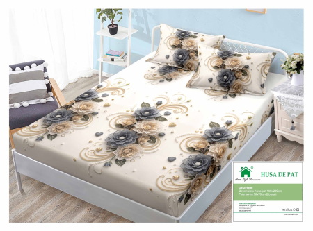 Huse De Pat Finet 160x200cm - Husa Din Finet Cu Elastic Si Fete De Perna 160x200cm - Bej Cu Alb Si Trandafiri Tricotati