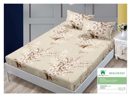 Huse De Pat Finet 160x200cm - Husa Din Finet Cu Elastic Si Fete De Perna 160x200cm - Bej cu Aranjament Floral