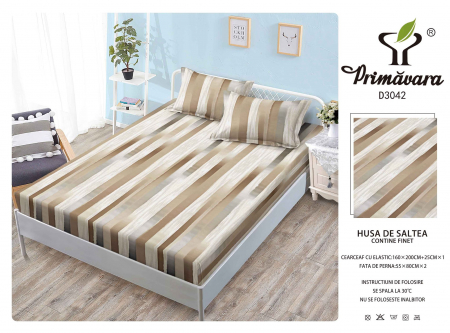 Huse De Pat Finet 160x200cm - Husa Din Finet Cu Elastic Si Fete De Perna 160X200cm - Bej Cu Dungi