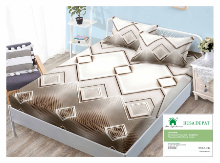 Huse De Pat Finet 160x200cm - Husa Din Finet Cu Elastic Si Fete De Perna 160x200cm - Bej Cu Forme Abstracte