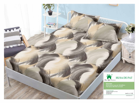 Huse De Pat Finet 160x200cm - Husa Din Finet Cu Elastic Si Fete De Perna 160x200cm - Bej Cu Gri Abstract