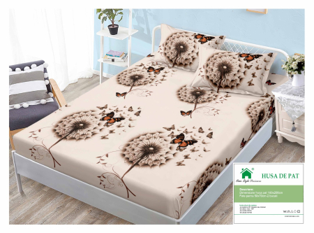 Huse De Pat Finet 160x200cm - Husa Din Finet Cu Elastic Si Fete De Perna 160x200cm - Bej Cu Papadii Si Fluturasi