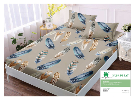 Huse De Pat Finet 160x200cm - Husa Din Finet Cu Elastic Si Fete De Perna 160x200cm - Bej cu Pene de Paun