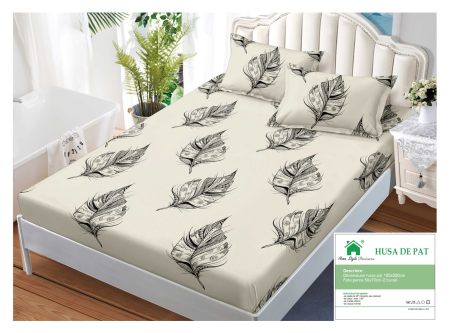 Huse De Pat Finet 160x200cm - Husa Din Finet Cu Elastic Si Fete De Perna 160x200cm - Bej Cu Pene Negre