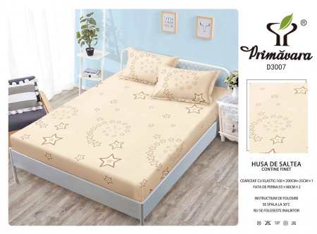 Huse De Pat Finet 160x200cm - Husa Din Finet Cu Elastic Si Fete De Perna 160X200cm - Bej Cu Stele