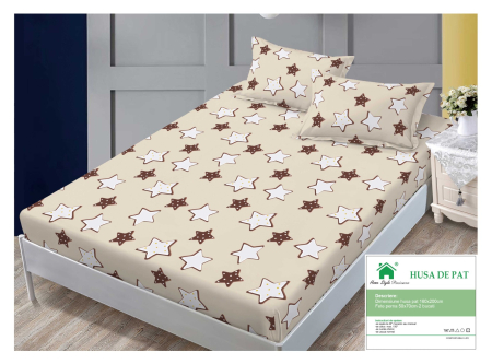 Huse De Pat Finet 160x200cm - Husa Din Finet Cu Elastic Si Fete De Perna 160x200cm - Bej Cu Stelute Albe Si Maro