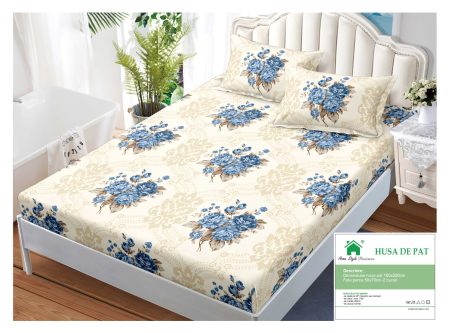 Huse De Pat Finet 160x200cm - Husa Din Finet Cu Elastic Si Fete De Perna 160x200cm - Bej Cu Trandafiri Albastrii