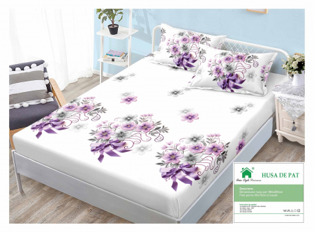 HUSE DE PAT CU ELASTIC - Husa Din Finet Cu Elastic Si Fete De Perna 160x200cm - Buchet Floral
