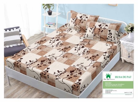 Huse De Pat Finet 160x200cm - Husa Din Finet Cu Elastic Si Fete De Perna 160x200cm - Carouri Bej cu Maro si Flori