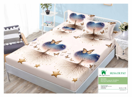 Huse De Pat Finet 160x200cm - Husa Din Finet Cu Elastic Si Fete De Perna 160x200cm - Copacul Vietii si Fluturi Magici