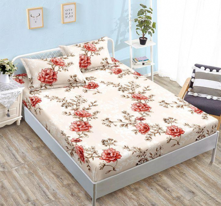 HUSE DE PAT CU ELASTIC - Husa Din Finet Cu Elastic Si Fete De Perna 160x200cm - Crem Cu Bujori Rosii