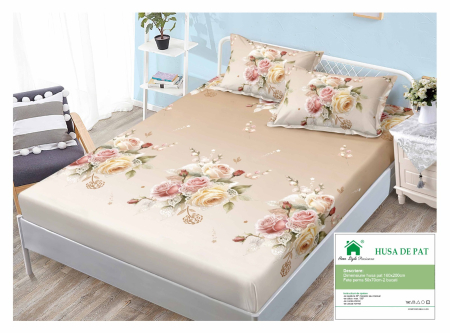 Huse De Pat Finet 160x200cm - Husa Din Finet Cu Elastic Si Fete De Perna 160x200cm - Crem cu Trandafiri
