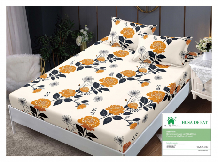 HUSE DE PAT CU ELASTIC - Husa Din Finet Cu Elastic Si Fete De Perna 160x200cm - Crem Cu Trandafiri Galbeni
