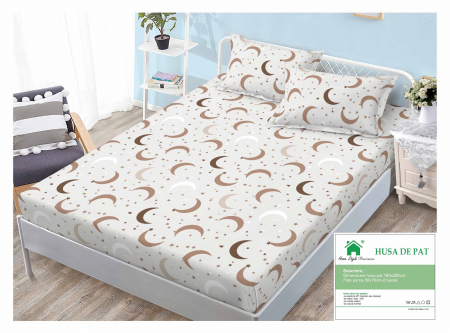 HUSE DE PAT CU ELASTIC - Husa Din Finet Cu Elastic Si Fete De Perna 160x200cm - Crem Semiluna