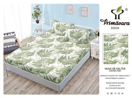 HUSE DE PAT CU ELASTIC - Husa Din Finet Cu Elastic Si Fete De Perna 160X200cm - Crengute Verzi
