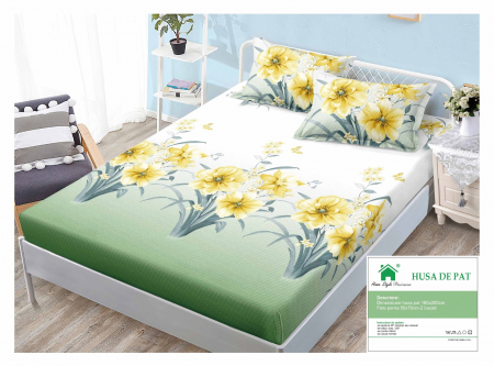 HUSE DE PAT CU ELASTIC - Husa Din Finet Cu Elastic Si Fete De Perna 160x200cm - Flori Galbene