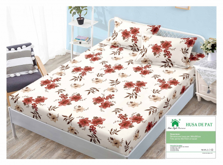 HUSE DE PAT CU ELASTIC - Husa Din Finet Cu Elastic Si Fete De Perna 160x200cm - Flori In Culorile Toamnei