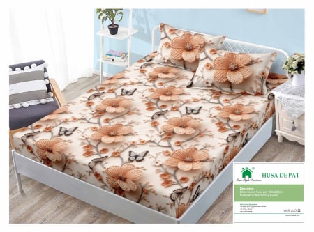 Huse De Pat Finet 160x200cm - Husa Din Finet Cu Elastic Si Fete De Perna 160x200cm - Flori Maro si Fluturi Gri