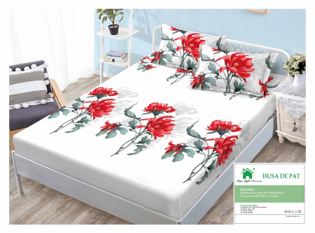 HUSE DE PAT CU ELASTIC - Husa Din Finet Cu Elastic Si Fete De Perna 160x200cm - Flori Rosii