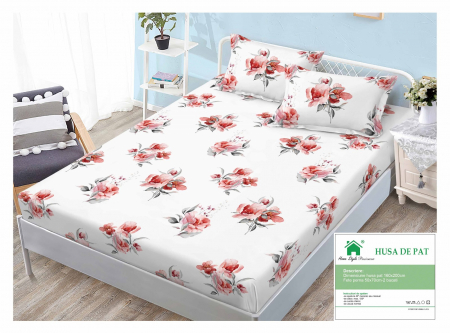 HUSE DE PAT CU ELASTIC - Husa Din Finet Cu Elastic Si Fete De Perna 160x200cm - Flori Roz
