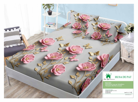 Huse De Pat Finet 160x200cm - Husa Din Finet Cu Elastic Si Fete De Perna 160x200cm -Flori Roz si Fluturi Aurii